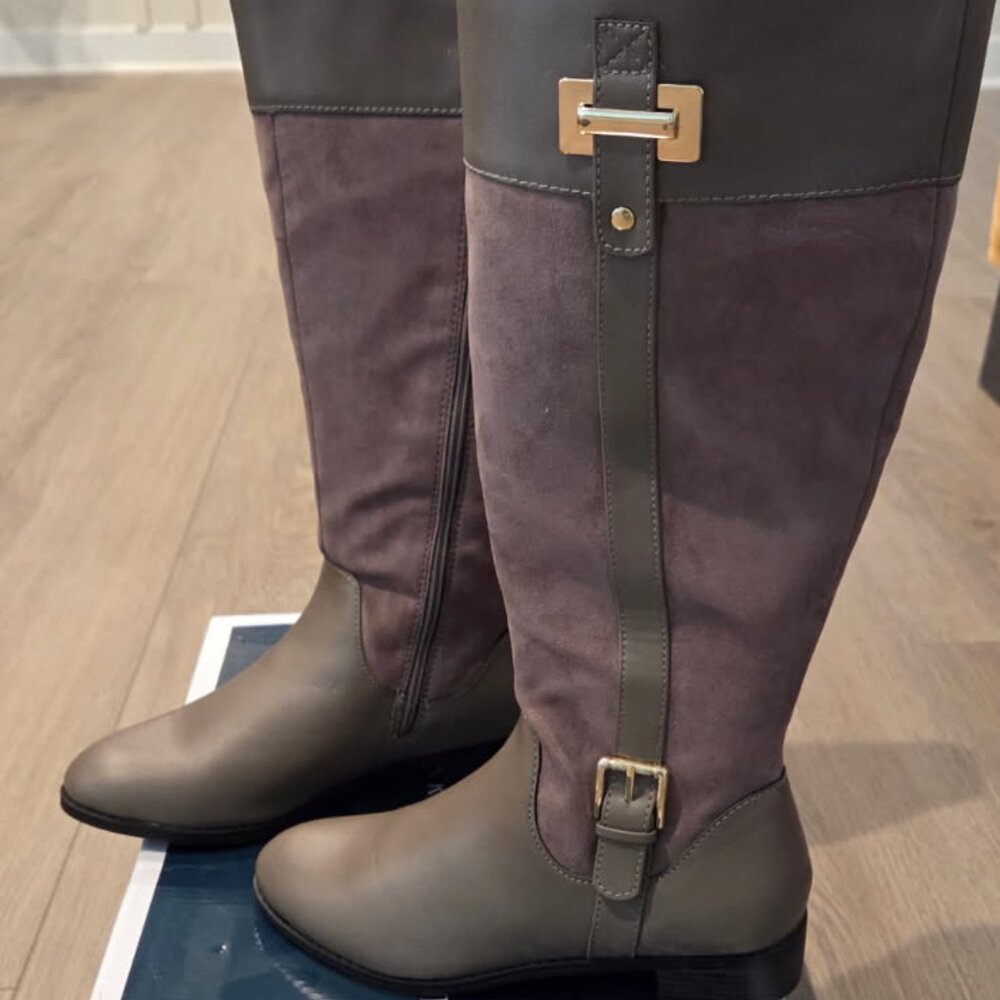 Leather and Suede Women's Rider Boots - Size 8M - Color - Stone/Gray